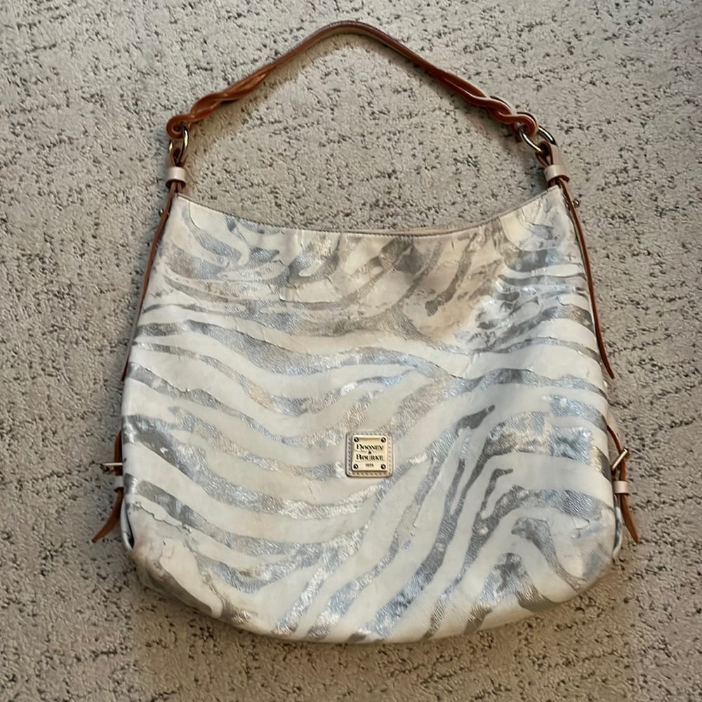 Dooney & Bourke Vintage Zebra Canvas Silver Metallic & White Hobo Handbag